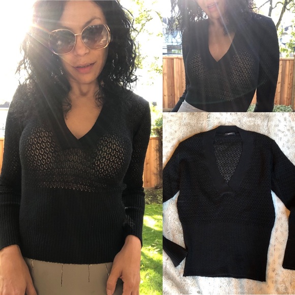 Mango Sweaters - Mango 3/4 Sleeves V-Neck Black Sweater